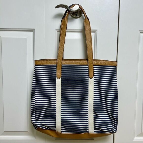 A NEW DAY Striped Tote Canvas Faux Leather Blue White Tan - Picture 3 of 13